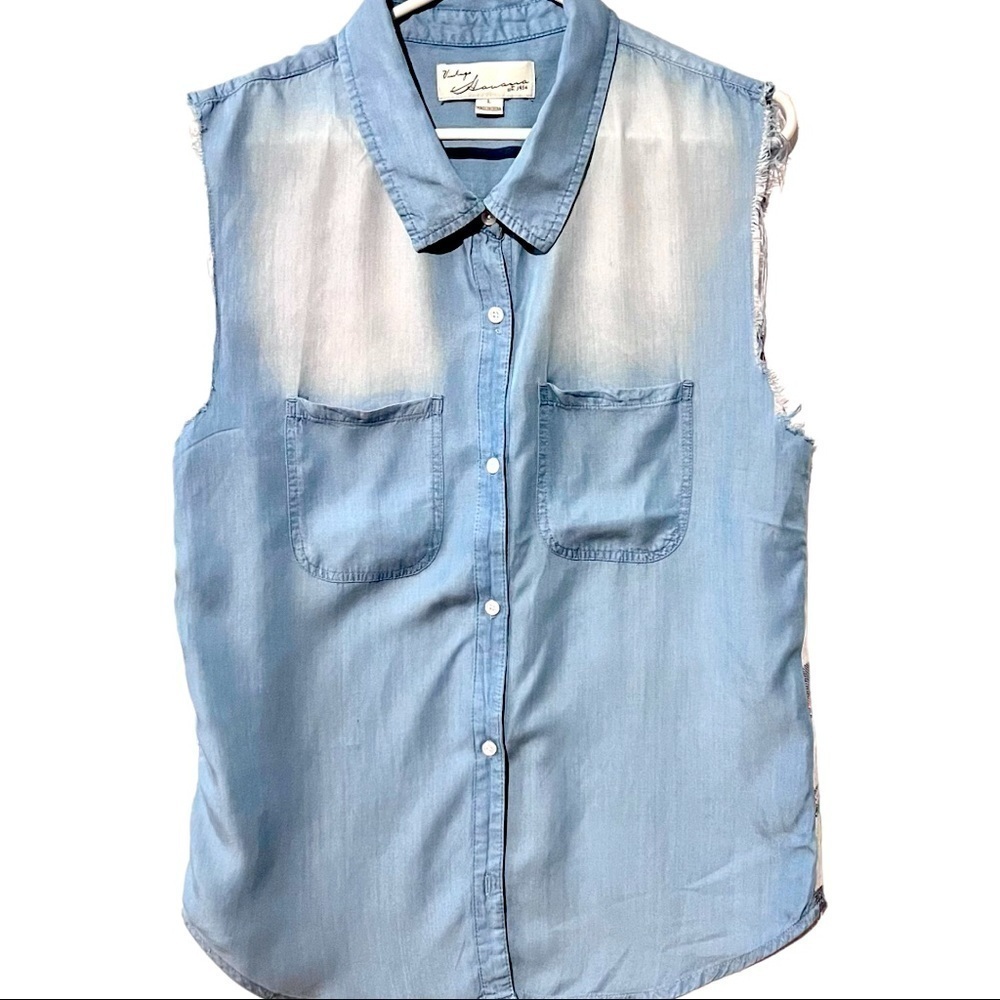 𝅺VINTAGE Havana Sleeveless Button Down Shirt with Plaid on back Size Large EUC